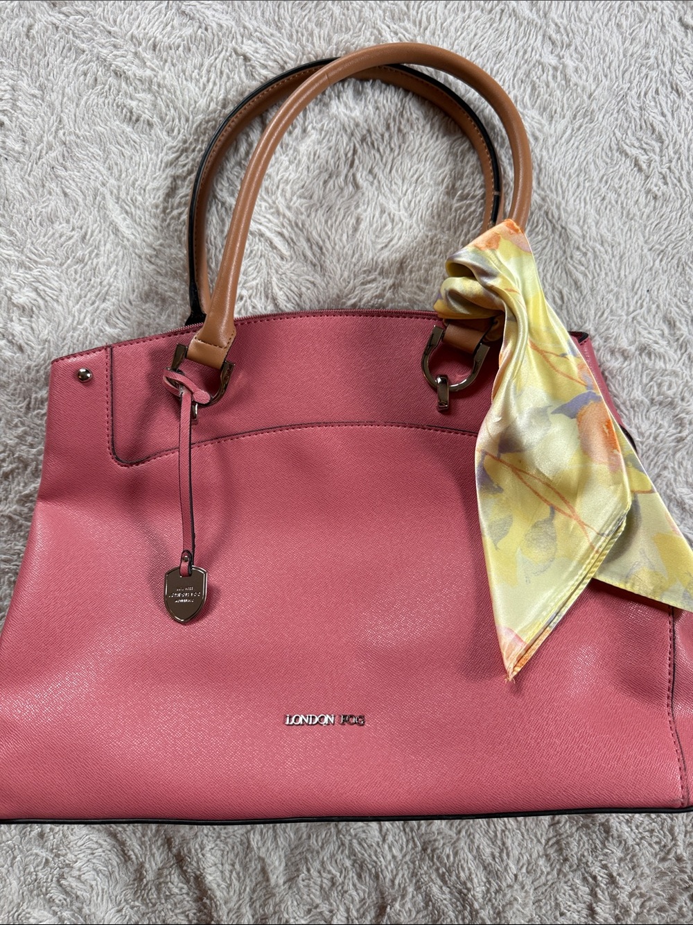 London Fog Pink Tote with Tan Handles and Yellow Scarf